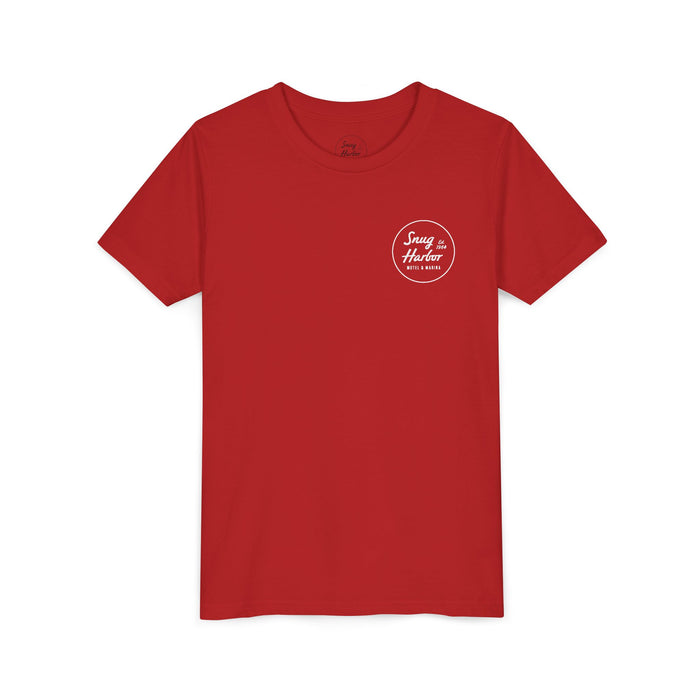 Snug Harbor Motel Marina Youth Tee | Vintage Boat Logo, Nautical Kids Shirt (white logo)