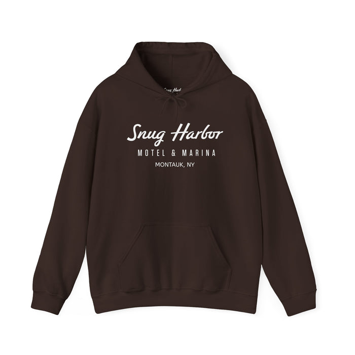 Snug Harbor Motel & Marina Hoodie | Retro Script Logo Pullover (white logo)