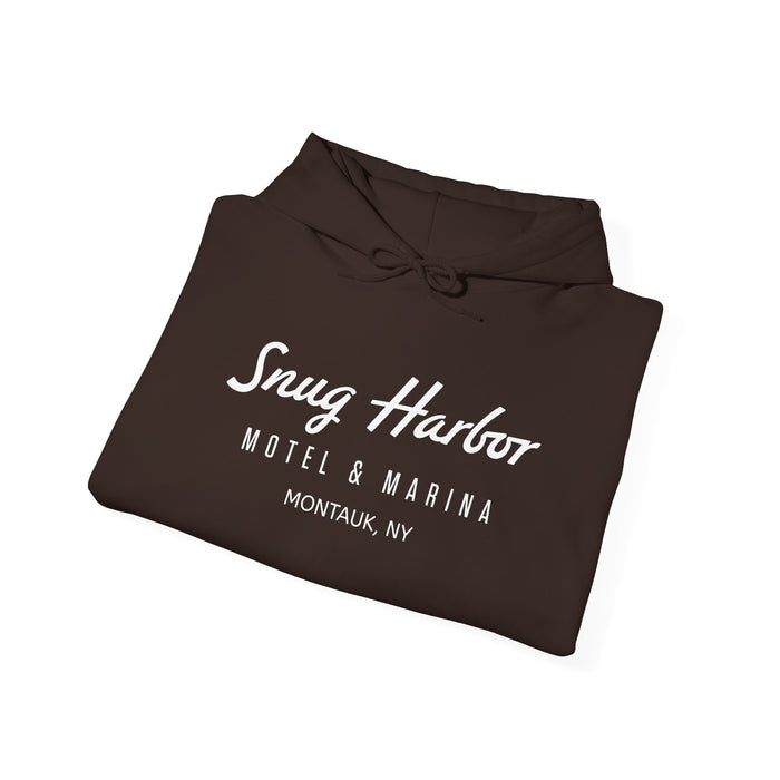 Snug Harbor Motel & Marina Hoodie | Retro Script Logo Pullover (white logo)