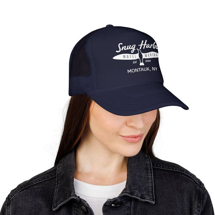 Snug Harbor Surfboard Trucker Hat — Retro Beach Cap