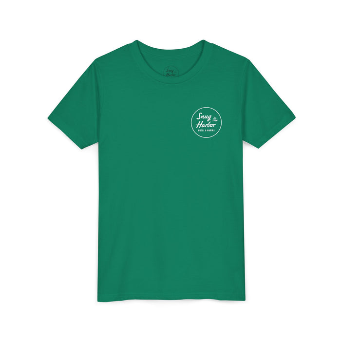Snug Harbor Motel Marina Youth Tee | Vintage Boat Logo, Nautical Kids Shirt (white logo)