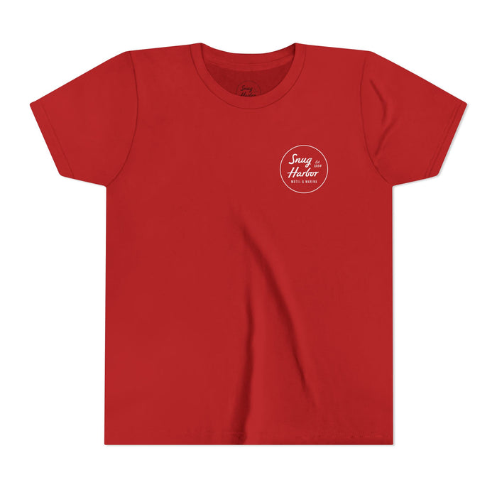 Snug Harbor Motel Marina Youth Tee | Vintage Boat Logo, Nautical Kids Shirt (white logo)