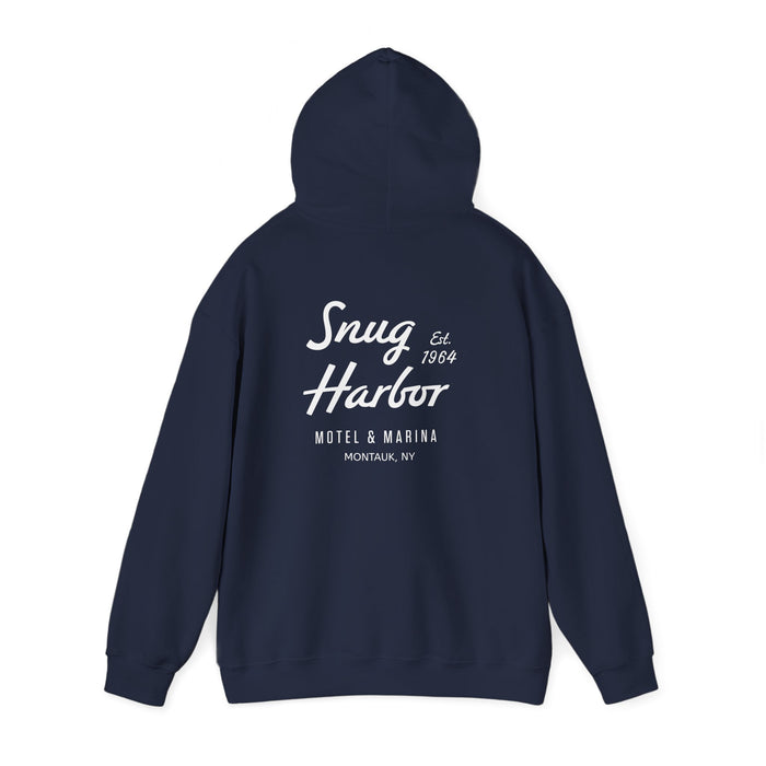 Snug Harbor Motel & Marina Hoodie | Retro Script Logo Pullover (white logo)