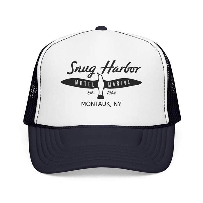 Snug Harbor Surfboard Trucker Hat — Retro Coastal Beach Cap