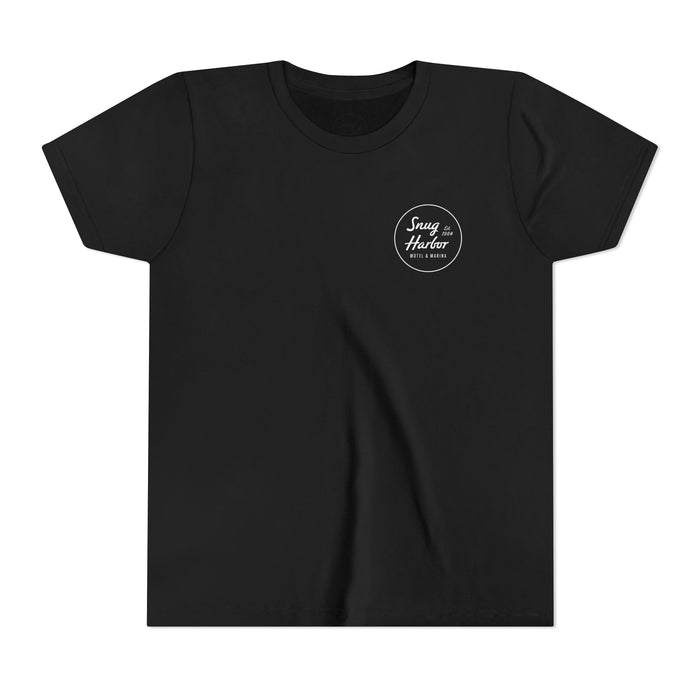 Snug Harbor Motel Marina Youth Tee | Vintage Boat Logo, Nautical Kids Shirt (white logo)