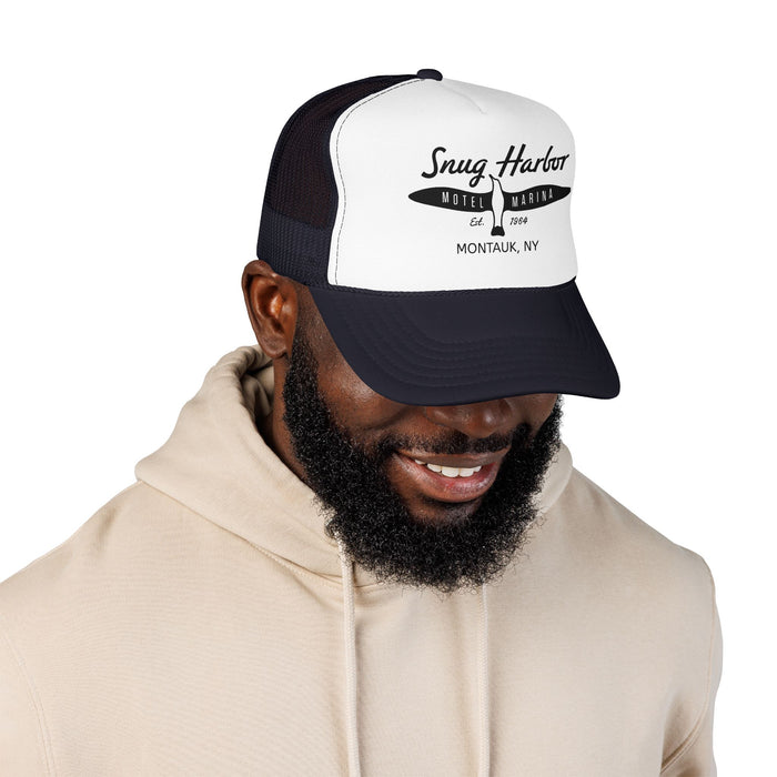 Snug Harbor Surfboard Trucker Hat — Retro Coastal Beach Cap