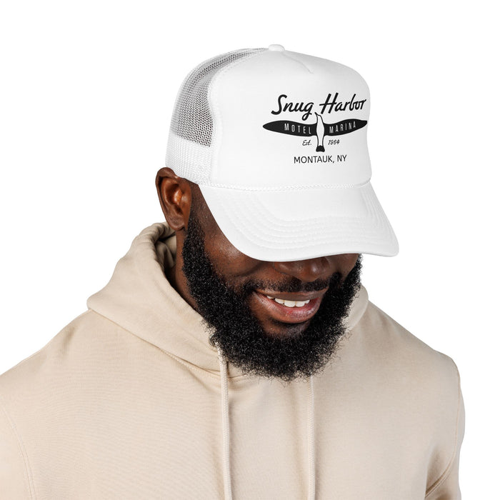 Snug Harbor Surfboard Trucker Hat — Retro Coastal Beach Cap