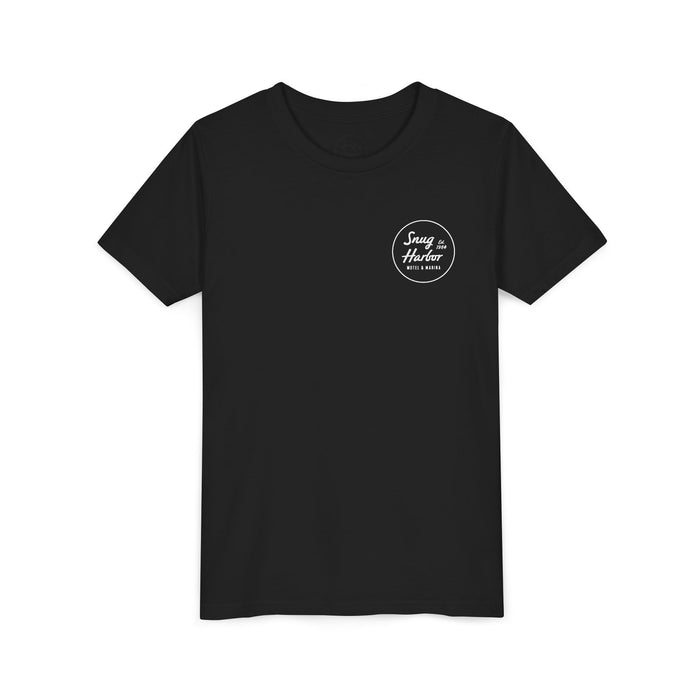 Snug Harbor Motel Marina Youth Tee | Vintage Boat Logo, Nautical Kids Shirt (white logo)