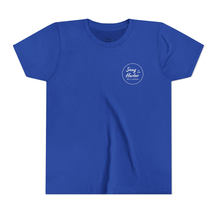 Snug Harbor Motel Marina Youth Tee | Vintage Boat Logo, Nautical Kids Shirt (white logo)