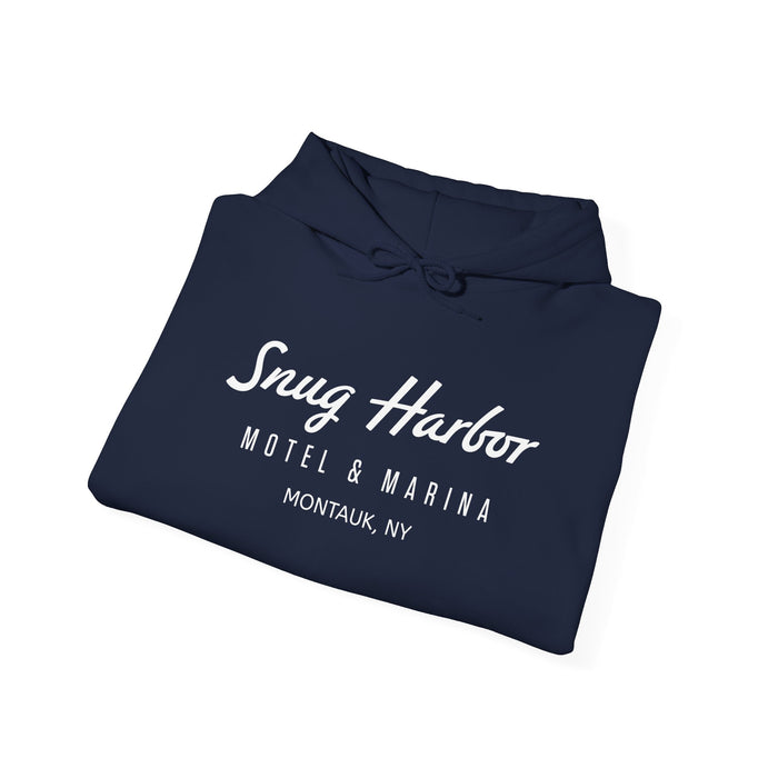 Snug Harbor Motel & Marina Hoodie | Retro Script Logo Pullover (white logo)
